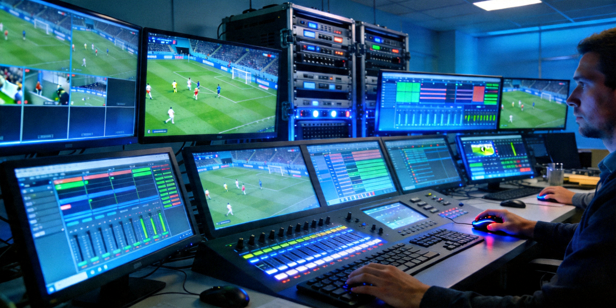 现代足球比赛直播技术控制中心内景，展示多屏幕流媒体分发系统
